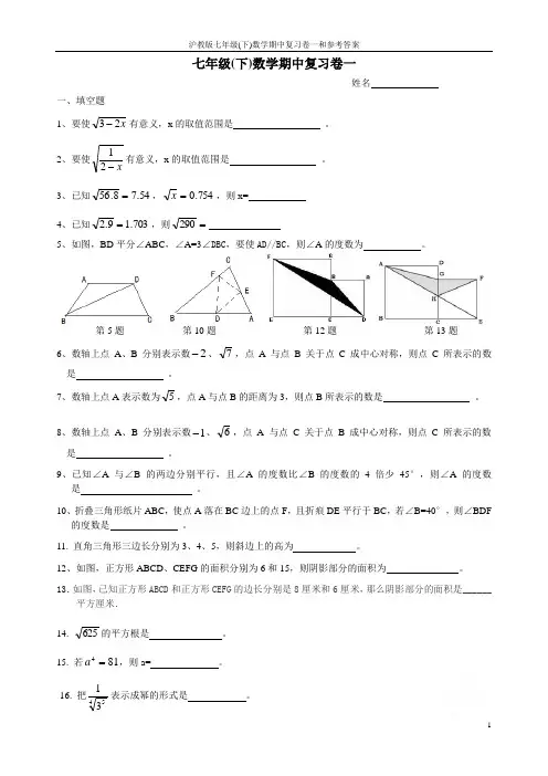 沪教版七年级(下)数学期中复习卷一和参考答案