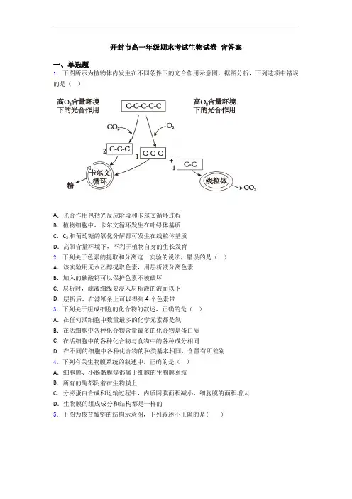 开封市高一年级期末考试生物试卷 含答案