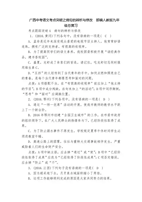 广西中考语文考点突破之病句的辨析与修改  部编人教版九年级总复习