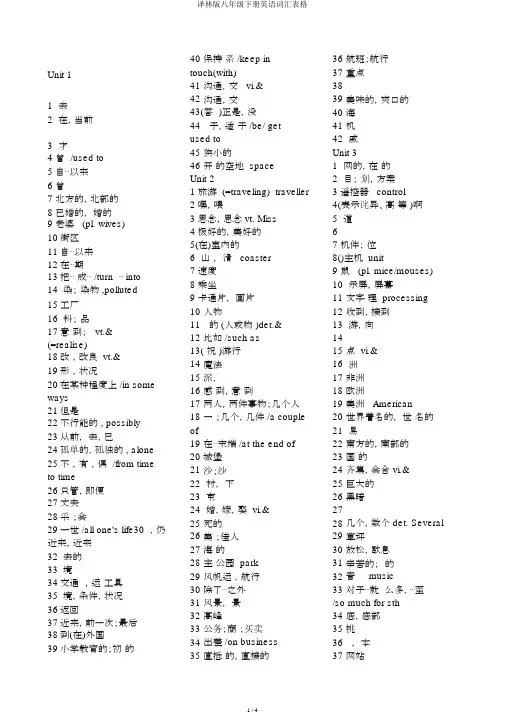 译林版八年级下册英语词汇表格