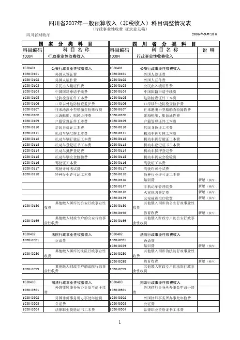 非税收入科目调整对照表