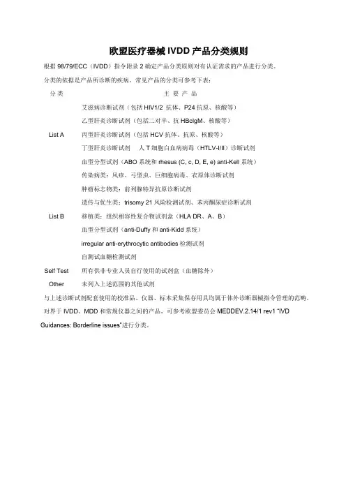 欧盟医疗器械IVDD产品分类规则