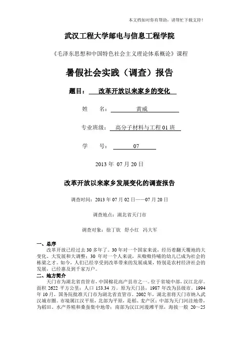 关于改革开放以来家乡的变化的实践报告
