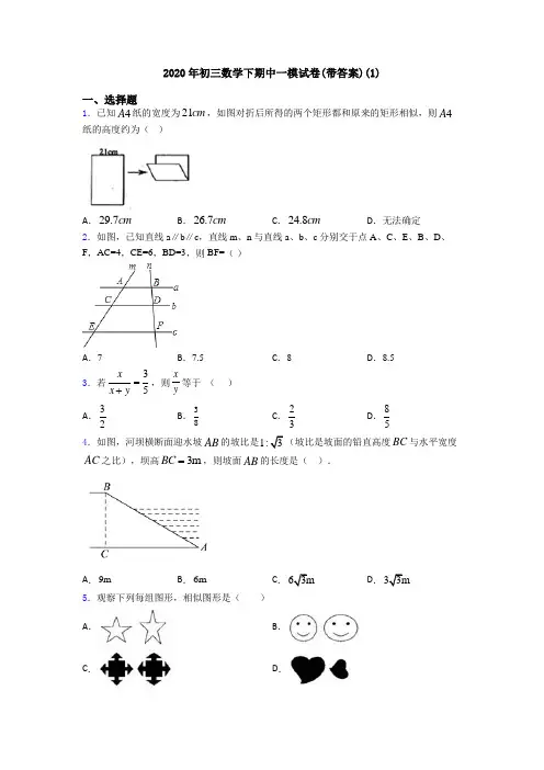 2020年初三数学下期中一模试卷(带答案)(1)