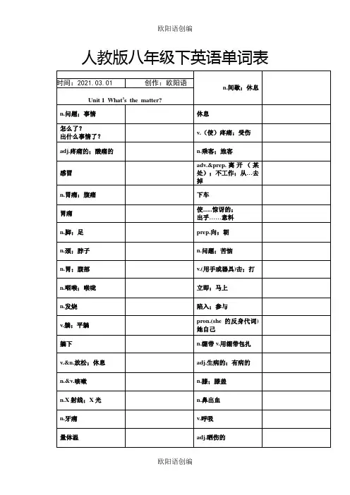 人教版八年级下英语单词默写版与完整版之欧阳语创编