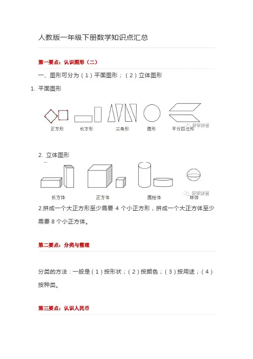 人教版一年级下册数学知识点汇总.docx