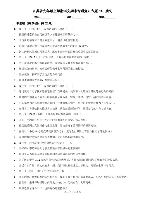 江苏省九年级上学期语文期末专项复习专题03：病句