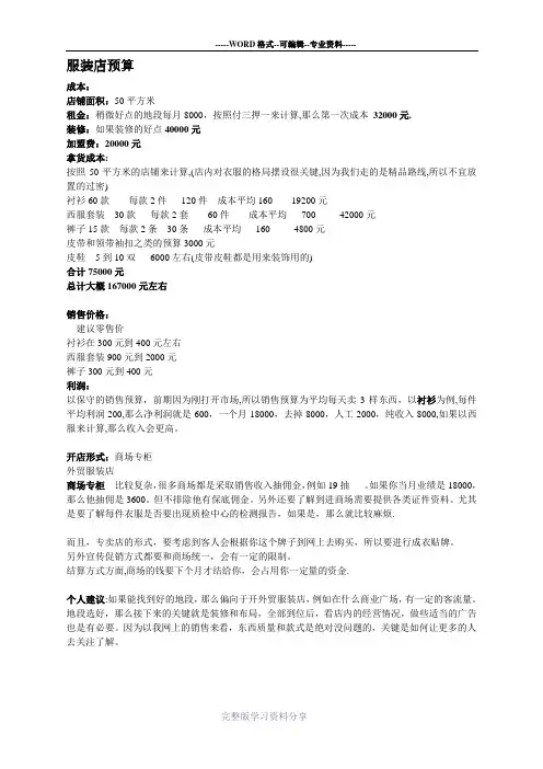 服装店铺成本预算