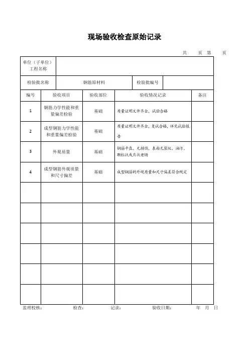 钢筋原材料现场验收检查原始记录