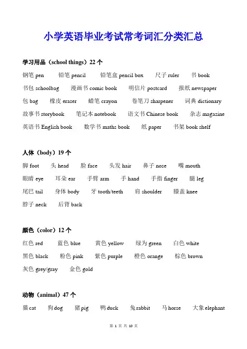 小学英语毕业考试常考词汇分类汇总