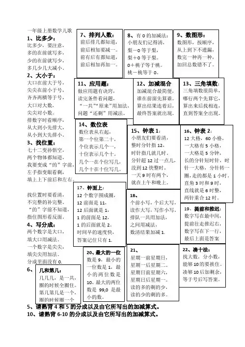 人教版一年级上下册数学儿歌