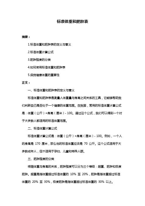 标准体重和肥胖表
