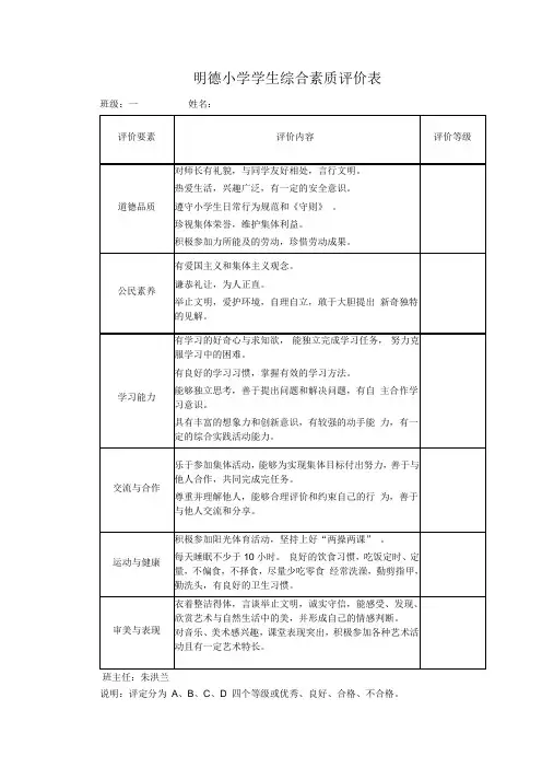 1-3年级学生综合素质评价表