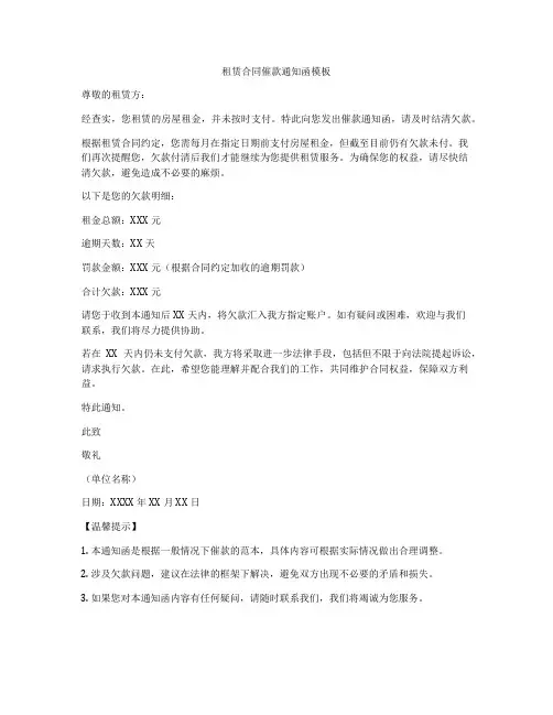 租赁合同催款通知函模板
