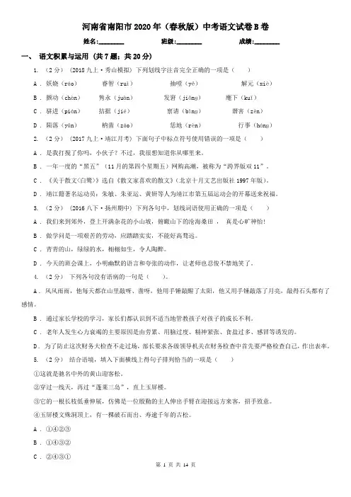 河南省南阳市2020年(春秋版)中考语文试卷B卷