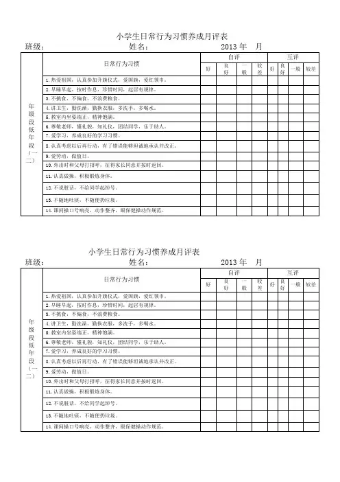 低年级小学生日常行为习惯养成评价表