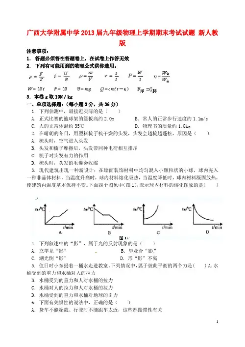 广西大学附属中学九年级物理上学期期末考试试题 新人教版