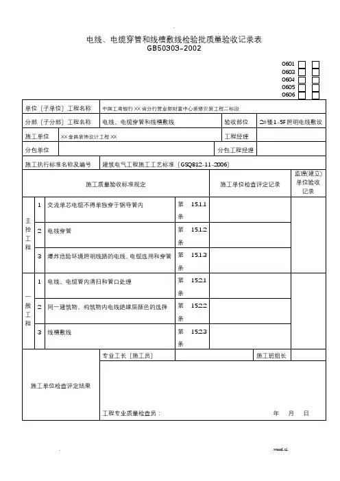 电线、电缆穿管和线槽敷线检验批质量验收记录表