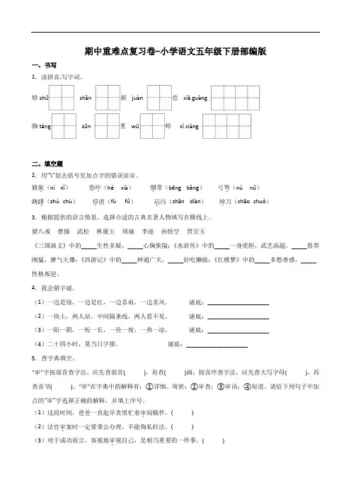 期中重难点复习卷-2022-2023学年语文五年级下册(部编版)