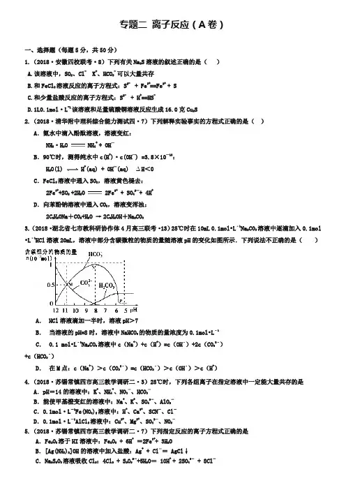 2019年全国高考化学试题汇编：专题(2)离子反应(A卷)(含解析)