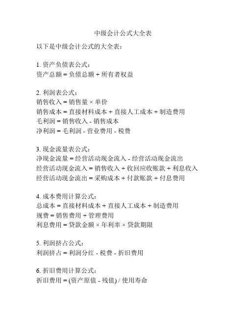 中级会计公式大全表