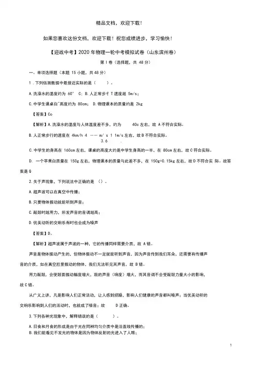 2020年中考物理一轮模拟试卷(山东滨州卷)(含解析)