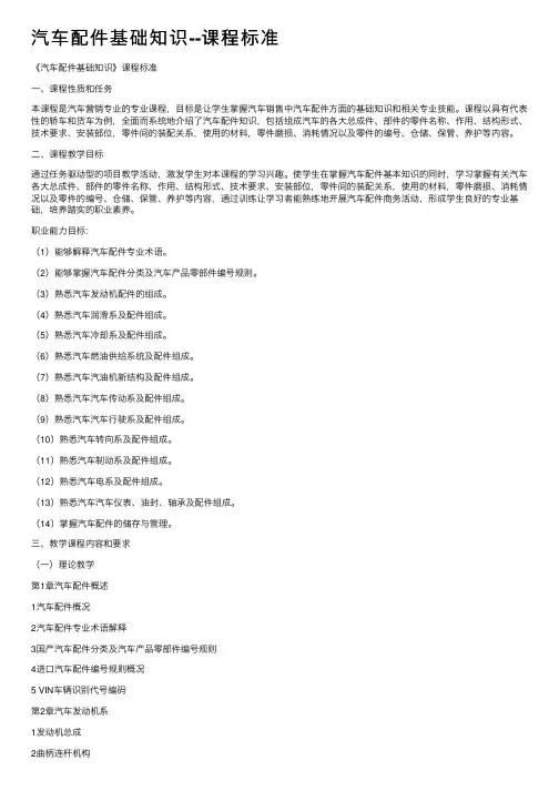 汽车配件基础知识--课程标准
