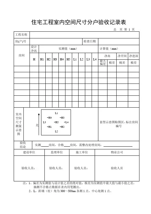 住宅工程室内空间尺寸分户验收记录表(14表)新范本