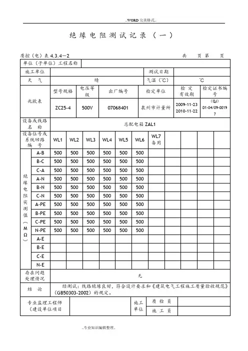 范例_绝缘电阻测试记录文本