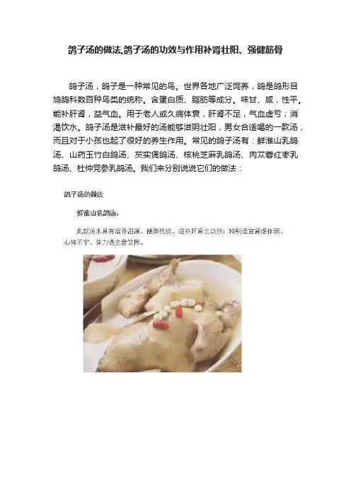 鸽子汤的做法,鸽子汤的功效与作用补肾壮阳、强健筋骨