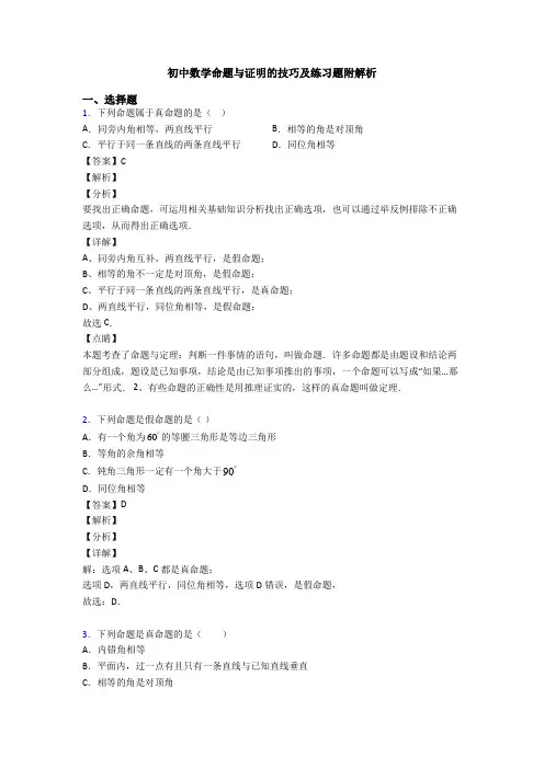 初中数学命题与证明的技巧及练习题附解析