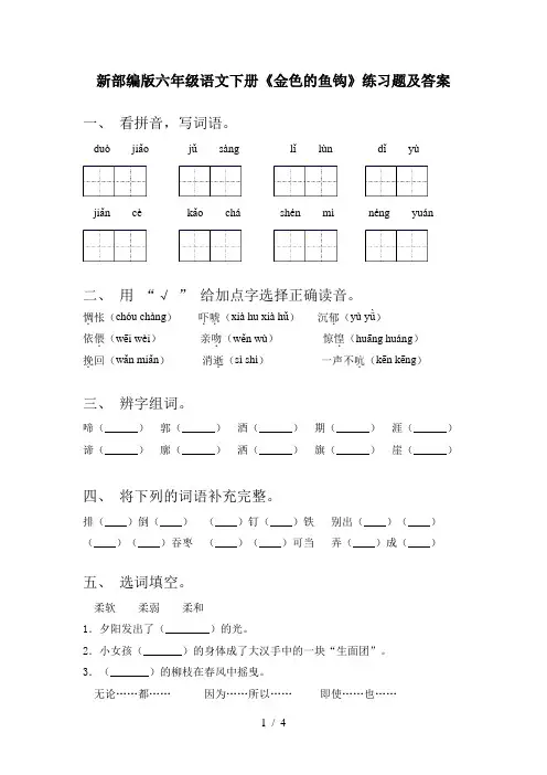 新部编版六年级语文下册《金色的鱼钩》练习题及答案