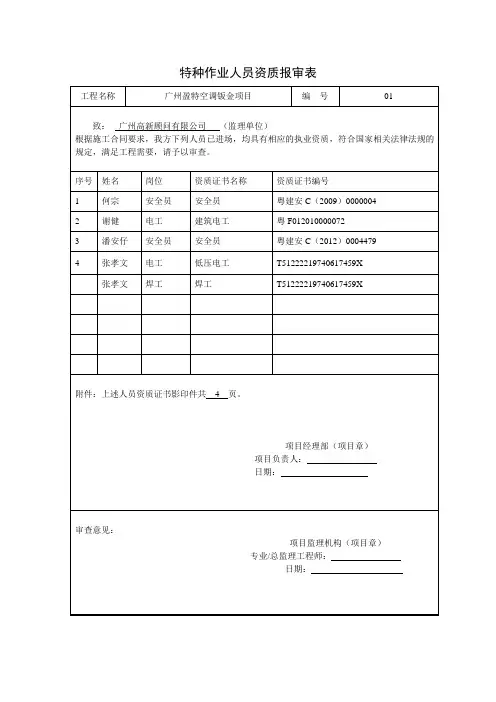 特种作业人员资质报审表