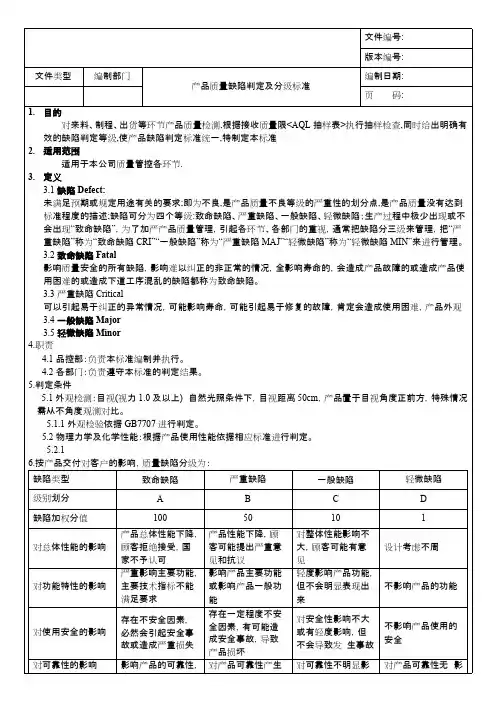 产品质量缺陷判定分级标准