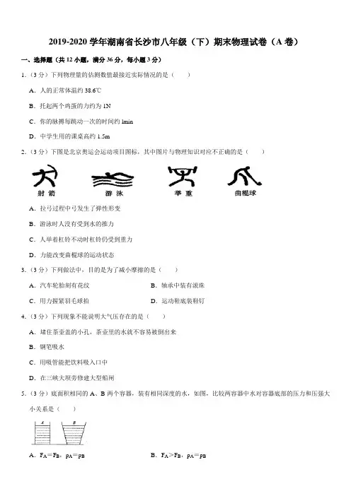 2019-2020学年湖南省长沙市八年级(下)期末物理试卷(A卷)