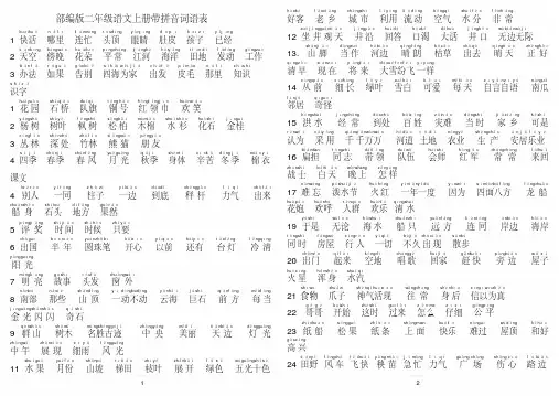 最新部编版小学二年级语文上册带拼音词语表