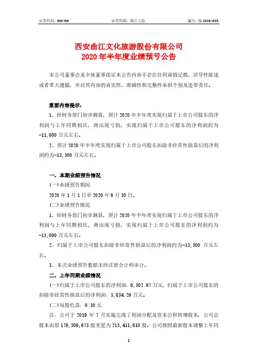 曲江文旅：2020年半年度业绩预亏公告