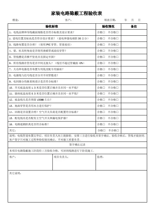 家装电路隐蔽工程验收表