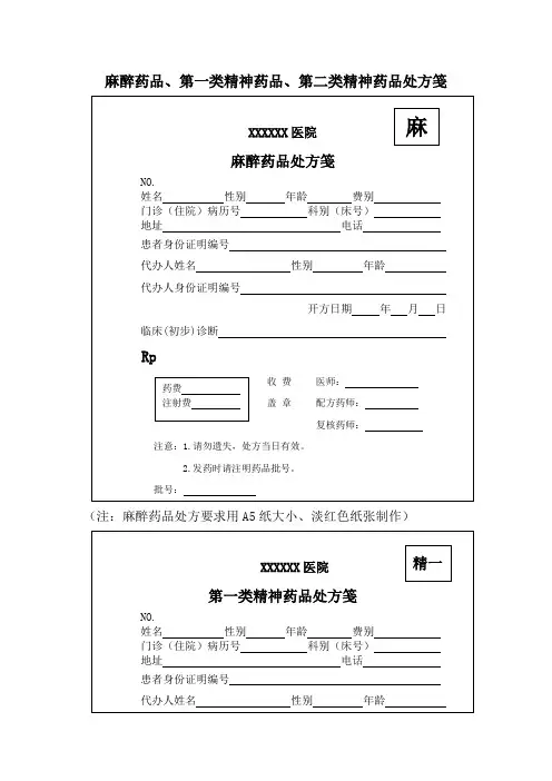 麻醉药品、第一类精神药品、第二类精神药品处方笺