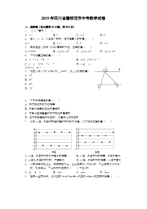 【精编】四川省攀枝花市2019中考数学试卷(解析版)