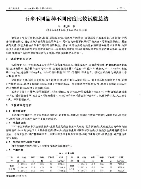 玉米不同品种不同密度比较试验总结