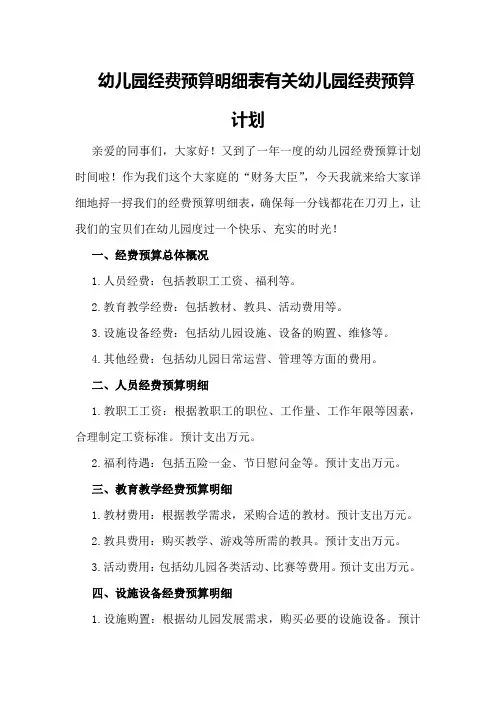 幼儿园经费预算明细表有关幼儿园经费预算计划