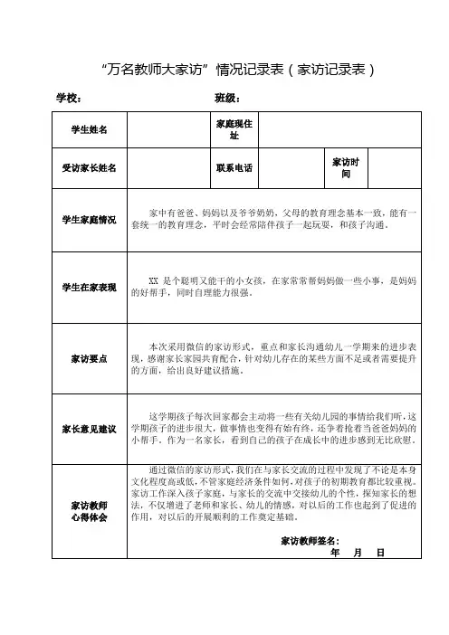 “万名教师大家访”情况记录表(家访记录表) 2