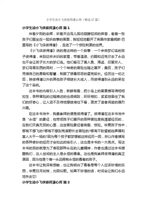 小学生读小飞侠彼得潘心得（精选17篇）