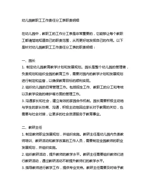 幼儿园教职工工作责任分工表职责明细