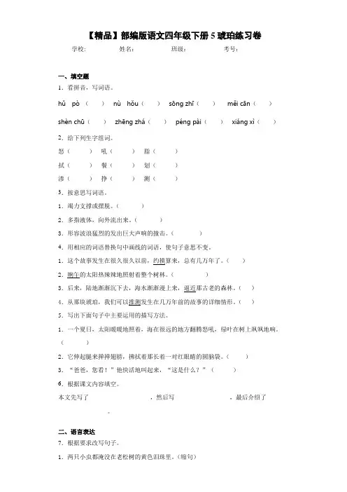 小学部编版语文四年级下册5琥珀练习卷A(含答案解析)