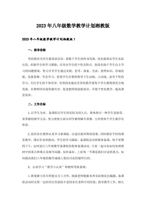 2023年八年级数学教学计划湘教版