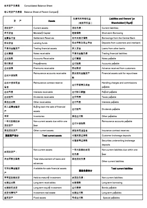 财务报表中英对照