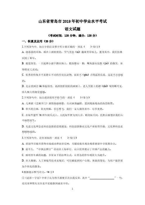 2019年山东省青岛市初中学业水平考试-语文试题+答案pdf