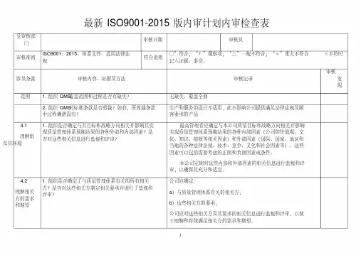 最新ISO9001-2015版内审计划内审检查表